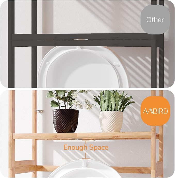 AMBIRD Over The Toilet Storage, 3-Tier Bathroom Organizer Over Toilet with Sturdy Bamboo Shelves,Multifunctional Toilet Shelf,Easy to Assemble and Saver Space, 25 * 10 * 64 Inches (Original Color)