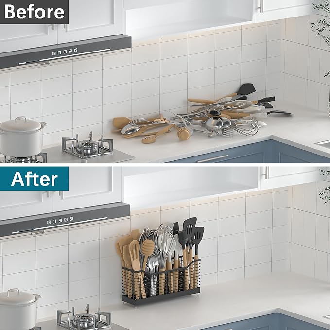 2 Grids Utensil Holder for Kitchen Counter - 7.9" x 4.3" x 7.5", Kitchen Utensil Racks, Spoon Holder, Kitchen Utensil Organizer for countertop, Black-NeatNest