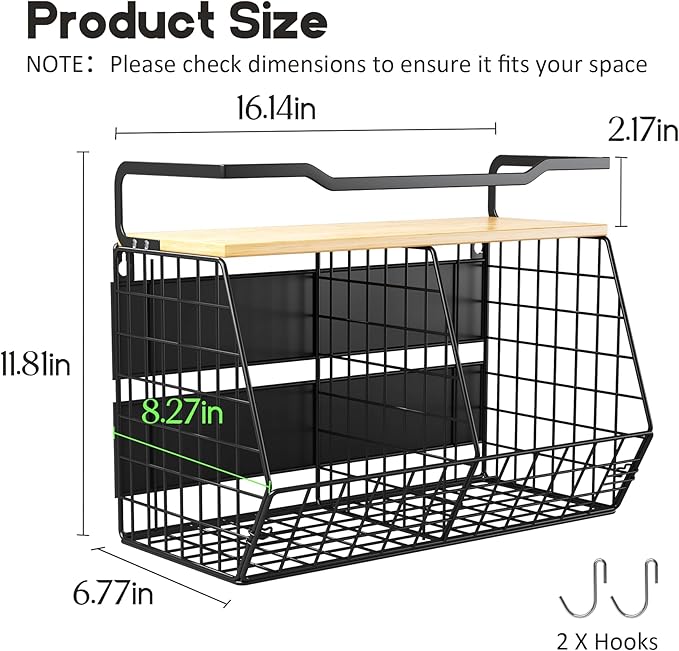 Magnetic Shelf for Fridge with Wider & Thicker Magnet, 1 Pack Refrigerator Organizer Storage Basket for Fruit, Onion, Potato, Spice Rack, Kitchen, Laundry, Pantry (Black, 16.14" x 6.77" x 11.81")
