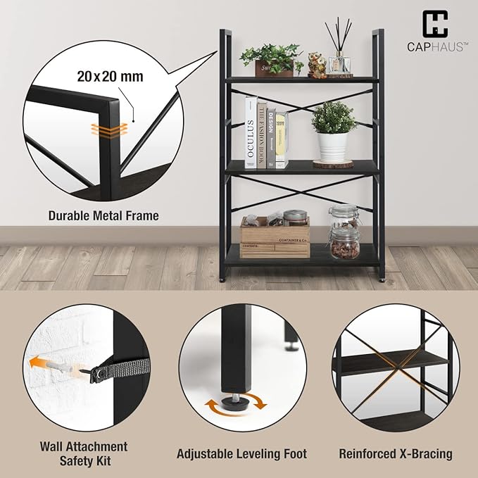 CAPHAUS 3 Tier Small Bookshelf, 24 Inch Width Free Standing Shelf, Bookcase Shelf Storage Organizer, Industrial Book Shelves for Home Office, Living Room, Black Shelves & Metal Frame-NeatNest