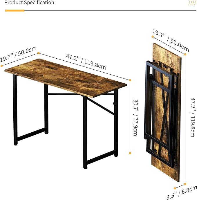 47 inch Folding Computer Desk, Writing Gaming Computer Camping Table, No Assembly Required Home Office Desk, Rustic Brown-NeatNest