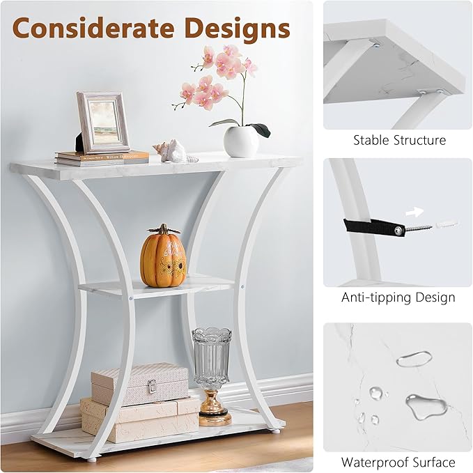 Hoctieon 3 Tier Console Table with Open Wood Shelves, Decorative Entryway Table with Curved Metal Frames, Narrow Sofa Table for Entrance, Living Room, Hallway, White Marbled-NeatNest
