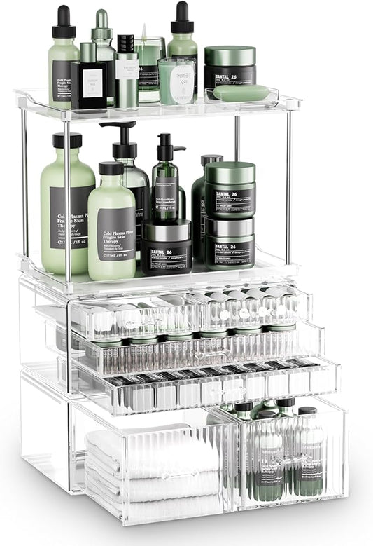 2-Tier 5-Drawer Bathroom Countertop Organizer : Multi-Purpose Makeup Organizer Countertop - Large Skincare Holder Exquisite Vanity Tray - Perfume & Skincare Storage Amber Clear-NeatNest