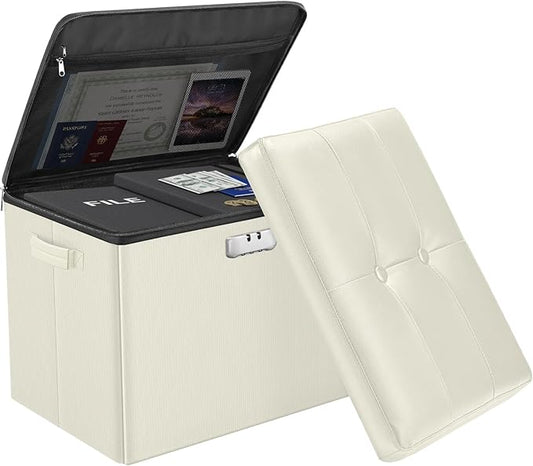 DocSafe Storage Ottoman with Lock,Fireproof＆Waterproof 17 Inches Folding Storage Box with Handles Safe for Important Documents,Leather Storage Ottoman Storage Chest for Living Room,Bedroom,Beige-NeatNest