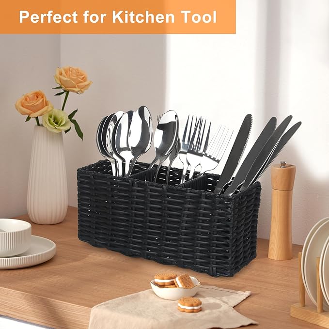 Ayiaren Wicker Silverware Cutlery Holder Black Flatware Utensil Caddy Best Silverwares Organizer Storage for Countertop Party Kitchen Utensils Holder Flatware Silverware Caddy Spoon and Fork Holders-NeatNest