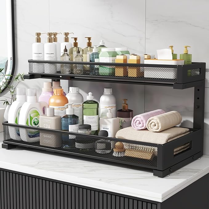 2 Pack 20.47IN Depth Under Sink Storage Organizer, Large 2-Tier Elegant Mesh Pull Out Shelf for Kitchen and Bathroom Cabinet Organization, L-Shaped and Adjustable Height Design-Black-NeatNest