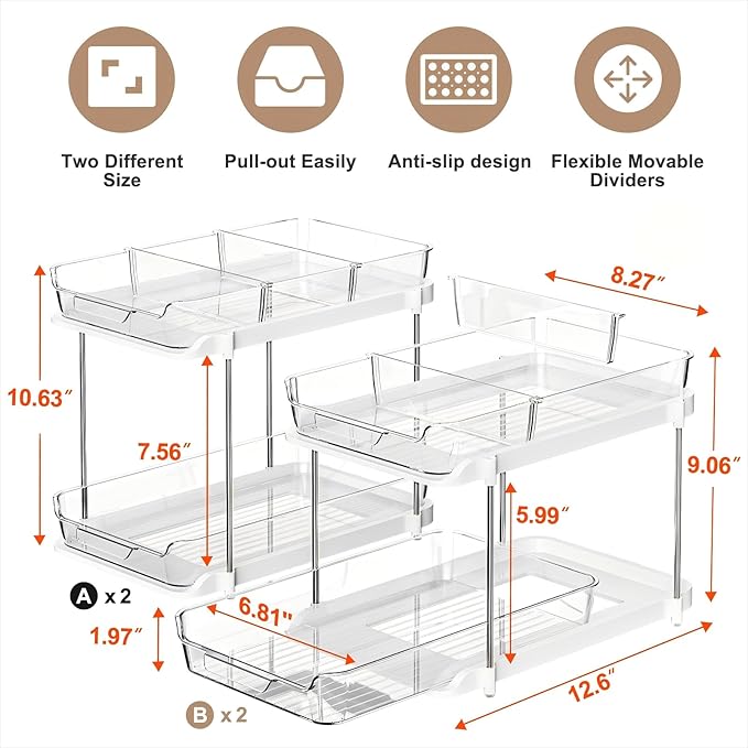 Delamu 4 Sets of 2-Tier Multi-Purpose Bathroom Under Sink Organizers and Storage, Stackable Kitchen Pantry Organization, Pull Out Medicine Cabinet Organizer with 8 Movable Dividers-NeatNest