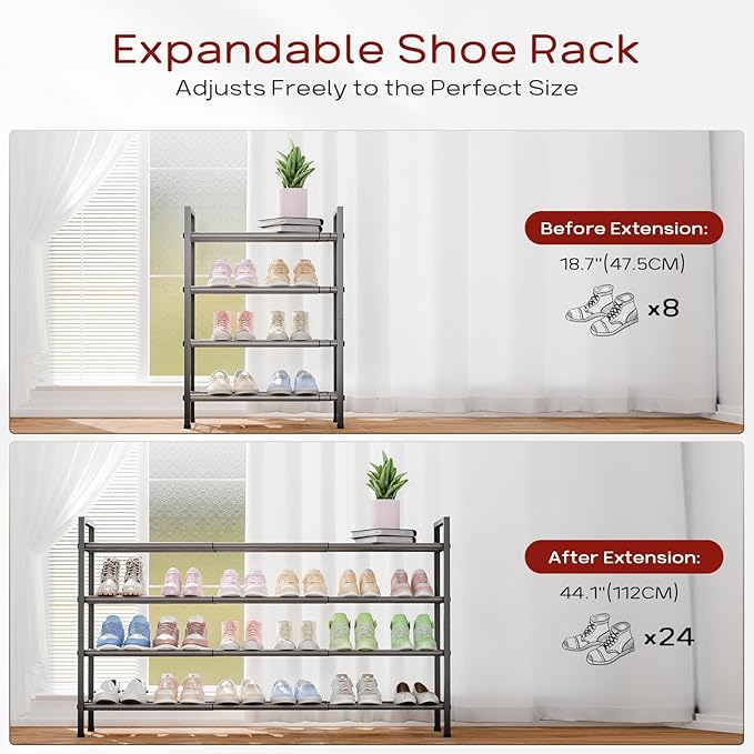 Bumusty 4-Tier Long Expandable Shoe Rack for Closet, 18"-44" Adjustable Shoe Rack for Small Space, Small Shoe Organizer for Front Door, Sturdy Metal, Grey-NeatNest
