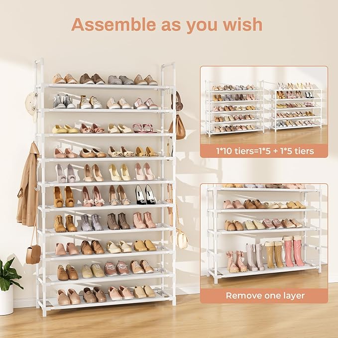 Tall Shoe Rack 10 Tier Shoe Organizer Large Shoe Shelf with 18 Hooks Storage for 50 Pair Sneaker and Boot, Stackable Vertical Shoe Rack Organizer for Closet, Entryway, Bedroom, White-NeatNest
