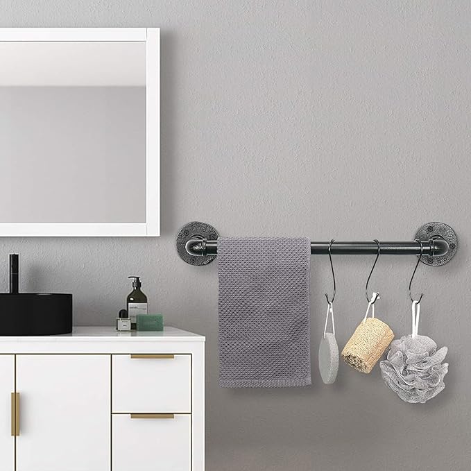 Industrial Pipe Towel Rack Towel Bar, Heavy Duty Wall Mounted Rustic Farmhouse Bath Towel Holder for Bathroom (Black, 16 inch)
