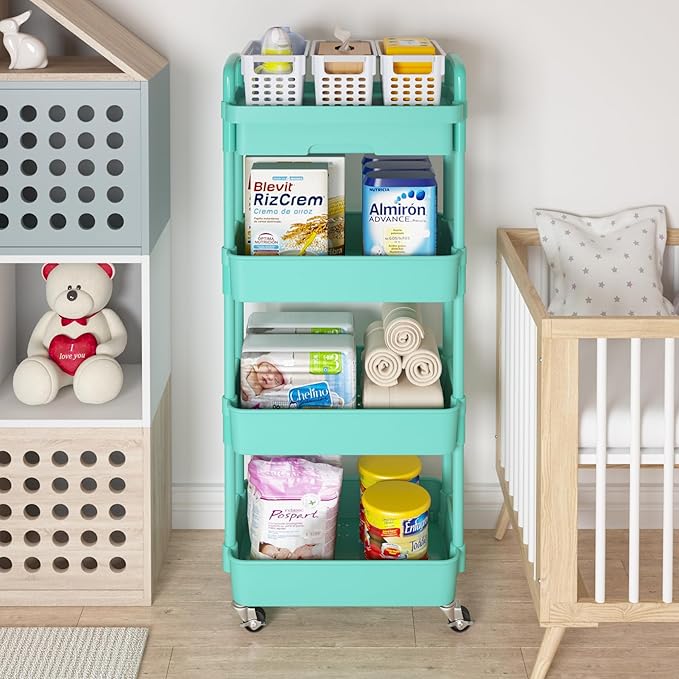 Calmootey 4-Tier Rolling Utility Cart with Drawer,Multifunctional Storage Organizer with Plastic Shelf & Metal Wheel,Storage Cart for Kitchen,Bathroom,Living Room,Office,Green-NeatNest