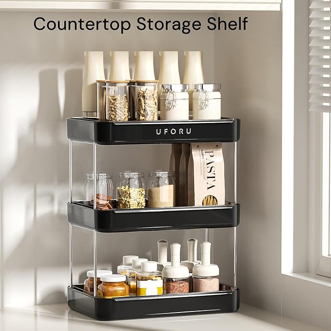 Countertop Coffee Station Organizer, 3 Tier Wine Glass Holder, Mug Shelf with Removable Drain Tray, Spice Rack for Kitchen, Bathroom Countertop Organizer, Black-NeatNest