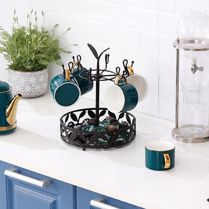 Coffee Mug Holder with Coffee Pod Basket Storage, Rotatable 6-capacity Cup Mug Holder Tree, Coffee Counter Bar Accessory & Kitchen Organizer-NeatNest