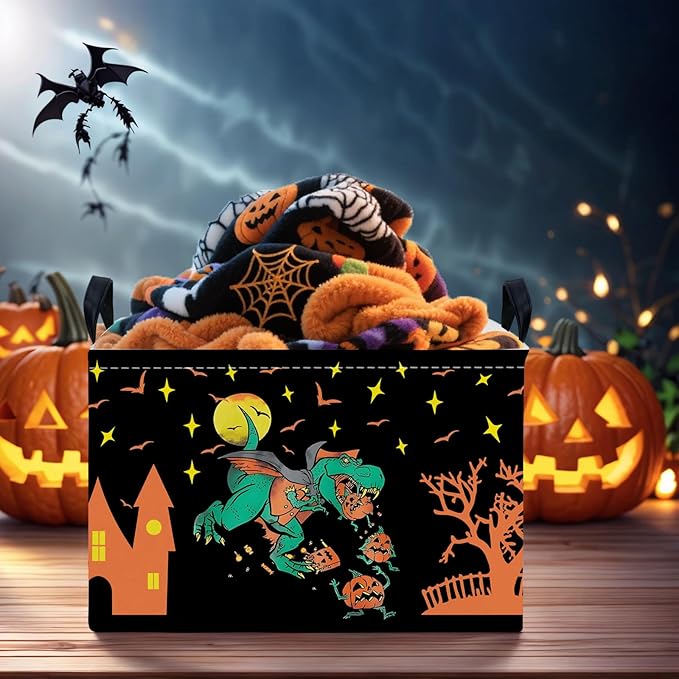 Halloween Basket Gift Cute Pumpkin Ghost Parties Decor Kid Trick or Treat Basket for Boys and Girls Rectangular Storage Bin Box (Dinosaur)-NeatNest