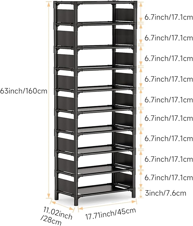 10 Tiers Vertical Shoe Rack Up to 20-25 Pairs, Sturdy Metal Narrow Shoe Shelf, Space-Saving Tall Shoe Rack for Closet,Bedroom Hallway Garage Living Room-NeatNest
