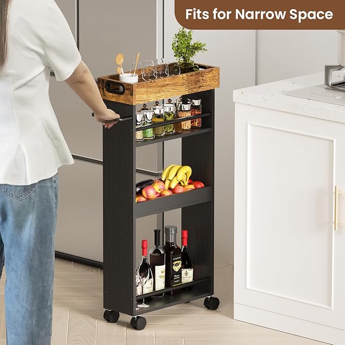 Slim Storage Cart, 4 Tier Bathroom Storage Cart with Pallets, Kitchen Utility Cart, Narrow Rolling Cart with Handle for Small Spaces for Dining Room, Bathroom, Laundry Room