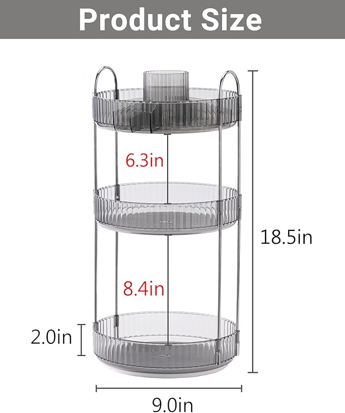 360 Rotating Makeup Organizer,3 Tier Large Capacity Make Up Organizers and Storage,Skincare Perfume Vanity Organizers,Bathroom Cosmetics Storage Organizer Countertop(Grey)-NeatNest