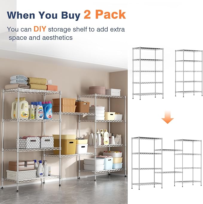 5-Tier Heavy Duty Wire Shelving Unit,35"Wx18"Dx71"H,5-Shelf Racks On Lockable Wheels,Height Adjustable Metal Shelves,Shelving Unit and Storage For Bathroom,Kitchen,Garage,Office,Studio,Chrome-NeatNest