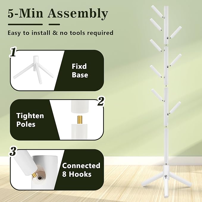 2 Pack Coat Rack, Solid Wood Coat Rack Freestanding with 8 Hooks & 3 Adjustable Heights, Simple Assembly Coat Tree for Hats, Bags, Wooden Coat Hanger Stand for Bedroom, Entryway, Office-NeatNest