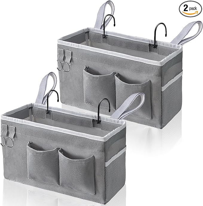 2pcs Bedside Caddy Hanging Storage Bag, Water Cup Holders, Organizer Baskets with Pockets for Bunk Bed Shelf, Hospital Beds, Loft & Dorm Rooms Accessories (Bedside bag-Grey)-NeatNest