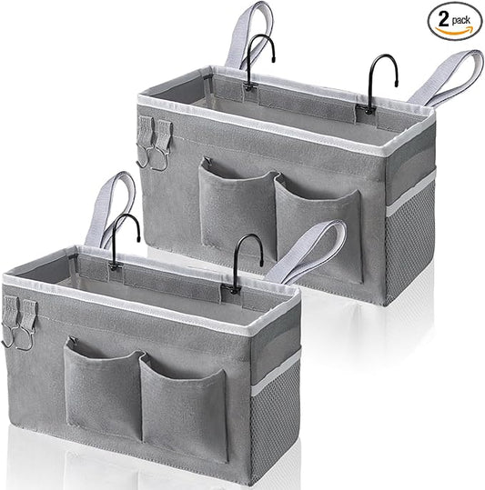 2pcs Bedside Caddy Hanging Storage Bag, Water Cup Holders, Organizer Baskets with Pockets for Bunk Bed Shelf, Hospital Beds, Loft & Dorm Rooms Accessories (Bedside bag-Grey)-NeatNest