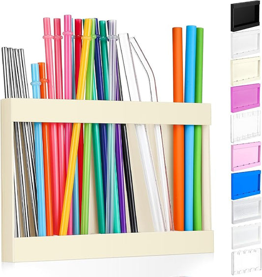 Acrylic Straw Holder for Cabinet Door with Double Sided Adhesive Tape Reusable Straw Organizer Tumbler Storage Kitchen Accessories Container for Counter Cupboard(Classic,Large,Milky Yellow)