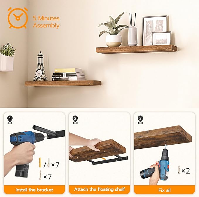 HOOBRO Floating Shelves for Wall, Wall Mounted Shelf Set of 2, 39.4" Hanging Shelf with Invisible Brackets, for Wall Bathroom, Bedroom, Toilet, Kitchen, Livingroom, Office, Rustic Brown BF100BJP201G2-NeatNest