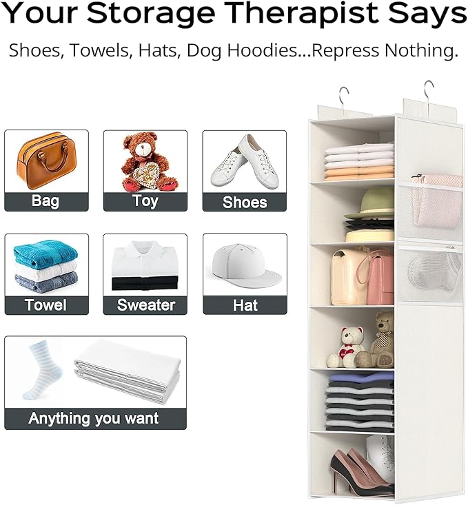Extra Deep Hanging Closet Organizer with Shelves and Oversized Mesh Pockets, Heavy-Duty Structure, No Deformation, Max Storage for Clothes, Shoes, Hats, Dorms and RVs,1-Pack (White, 6 Tier)-NeatNest