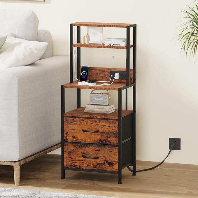 Furnulem Night Stand, Tall Nightstand with 4-Tier Shelves, 2 Fabric Drawers and Light Tube, Bed Side Tables with Charging Station, Bedside Table for Bedroom, Office, Rustic Brown