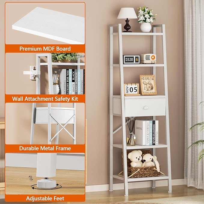 Furologee 5 Tier Bookshelf, Ladder Shelf with Drawer, Tall and Narrow Bookcase, Storage Shelves Organizer,Industrial Display Standing Units for Bathroom,Kitchen,Bedroom,Living Room,White