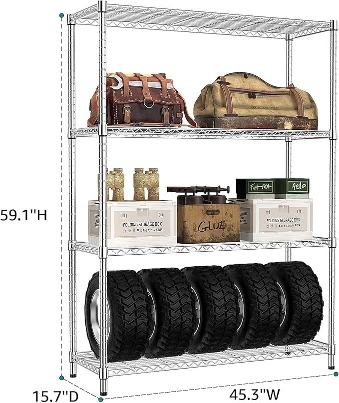 IZEUK 1400 LBS Garage Chrome Shelving Wide Storage Shelves 4 Tier Adjustable Heavy Duty Metal Wire Rack Standing Shelf Unit for Kitchen Office College Dorm Garage Warehouse 15.8" x 45.8"x 59.4"-NeatNest