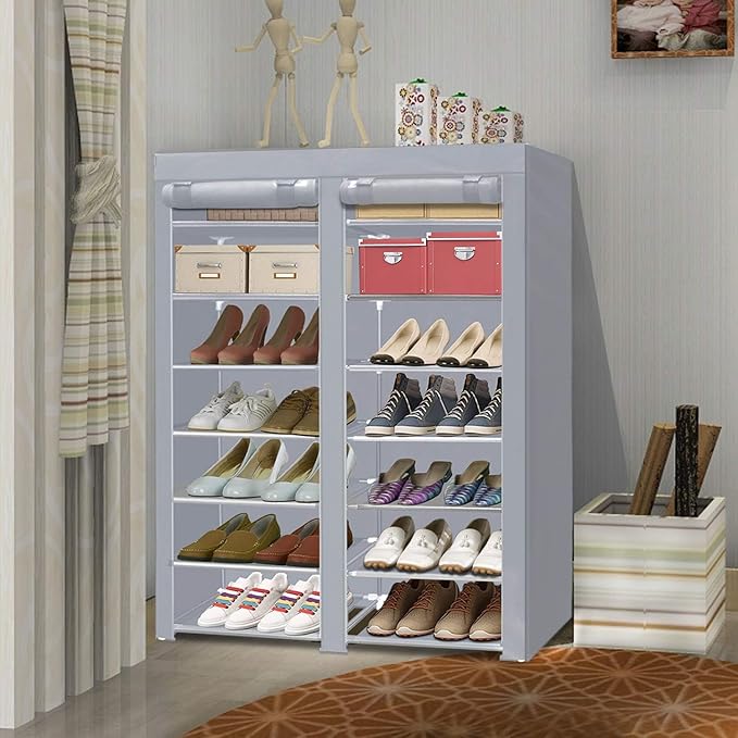 ERONE Shoe Rack Storage Organize, 28 Pairs Portable Double Row with Nonwoven Fabric Cover Shoe Shelf Cabinet for Closet-NeatNest
