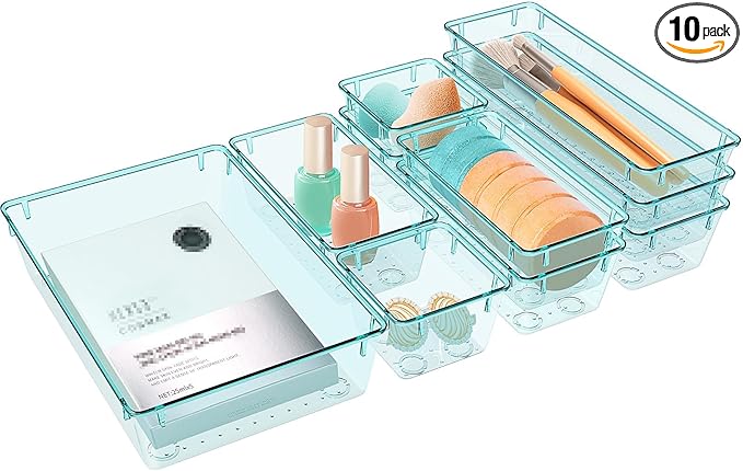 10 PCS Drawer Organizer Set, 4 Varied Size Bathroom and kitchen Drawer cabinet organizer Trays, Clear Storage Bins for Makeup, Jewelry, Utensils and Gadgets-NeatNest
