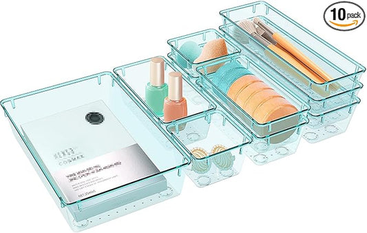 10 PCS Drawer Organizer Set, 4 Varied Size Bathroom and kitchen Drawer cabinet organizer Trays, Clear Storage Bins for Makeup, Jewelry, Utensils and Gadgets-NeatNest