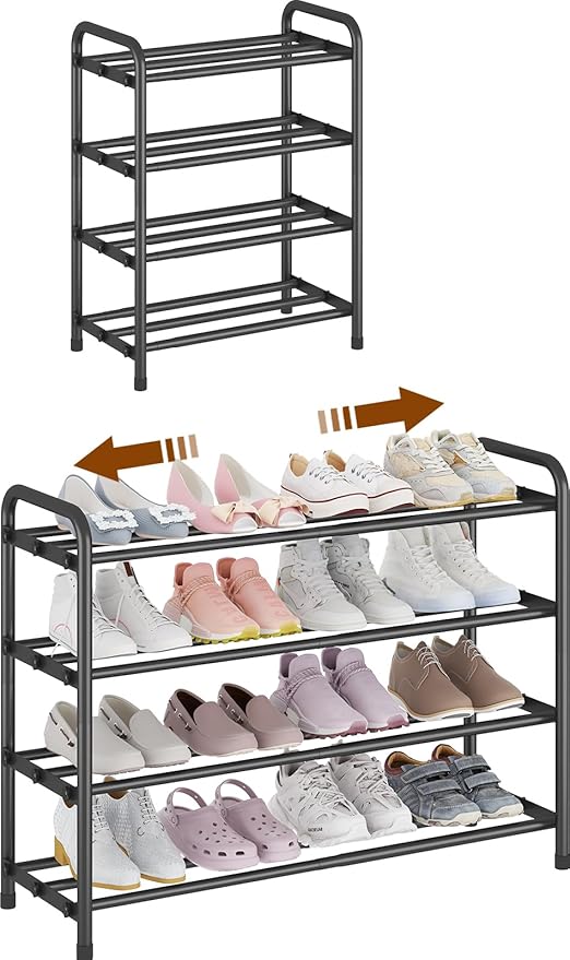 KANAV 4-Tier Expandable Shoe Rack – Adjustable Shoe Organizer & Shoe Storage for Closet, Entryway, and Front Door – Space-Saving Shoe Shelf and Rack Organizer for Home - Black-NeatNest