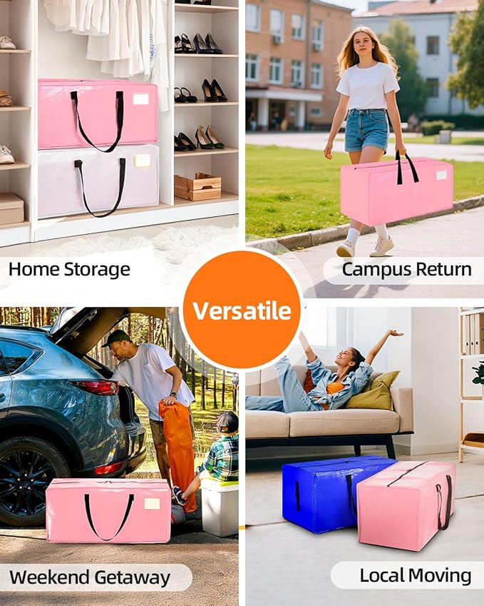12 Pack Extra Large Moving Bags, Heavy Duty Packing Bags with Zippers and Handles for Space Saving, Clothes Storage, College Essentials, Travel, Pink