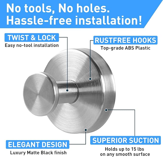 2 Pack Suction Cup Hooks for Shower, Exquisite Metal Shell & No Drill suction hooks for shower wall for Bathroom Wall, Kitchen, Glass, Mirror, Tile to Hang Towels, Robes, Loofah - Wire-Drawing Silver