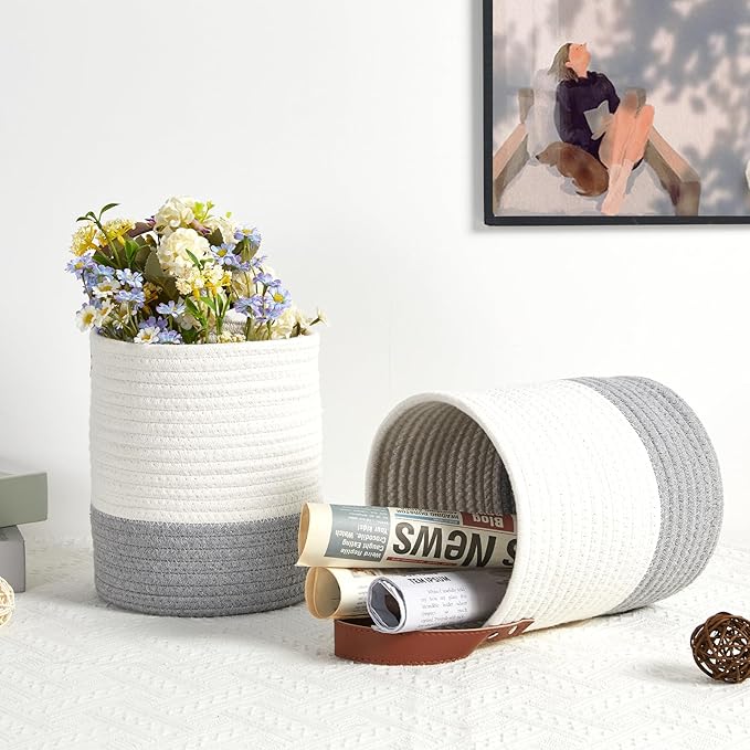 DULLEMELO Small Woven Rope Hanging Baskets - 2 Pack for Boho Wall Decor, 7 X 8 Inches Storage Basket with Handle, White&Grey-NeatNest