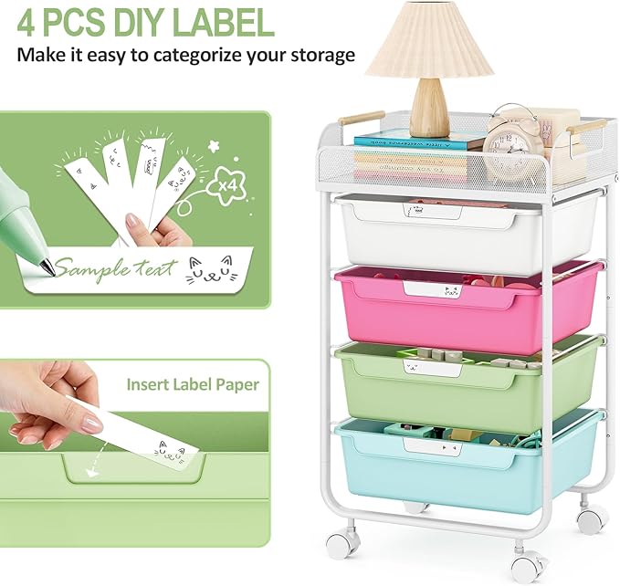 Utility Cart with Drawers,Rolling Cart with Drawers,Craft Cart,Storage Cart with 4 Drawers & DIY Lable for Office Kids Room Bedroom, Multicolor