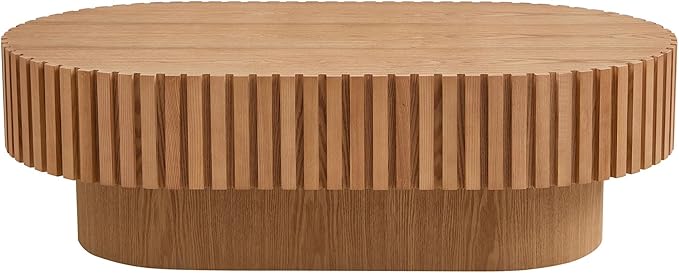 kevinplus 43.7'' Wood Coffee Table Modern Coffee Table for Living Room, Contemporary Circle Fluted Drum Pedestal Style, Easy Assembly, Oak