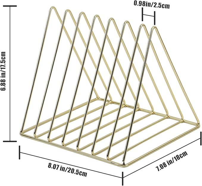 COSYAWN Triangle 7 Slot Vinyl Record Holder, Anti-Rust Metal Magazine Album Display Rack Desktop File Sorter Organizer, Paper Letter Newspaper Storage for Home Office, Gold 2 PACK