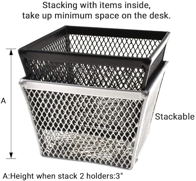 HAHIYO Stackable Paper Clip Mesh Holder Cup 2.2" Height 4 Pack Sturdy Paperclip Holder Container for Desk Drawer Organizer Collection for Home Office School Black Silver Soft Foam Feet No Sharp Edges-NeatNest