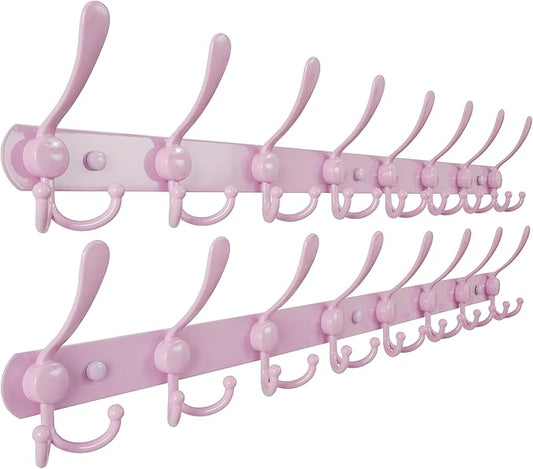 Dseap Coat Rack Wall Mount - 38” Long 10-Tri-Hooks Heavy Duty Coat Hanger Rail Wall Hooks for Hanging Coats Hats Clothing Clothes Purse Mudroom Entryway, Pink, Pack of 2-NeatNest