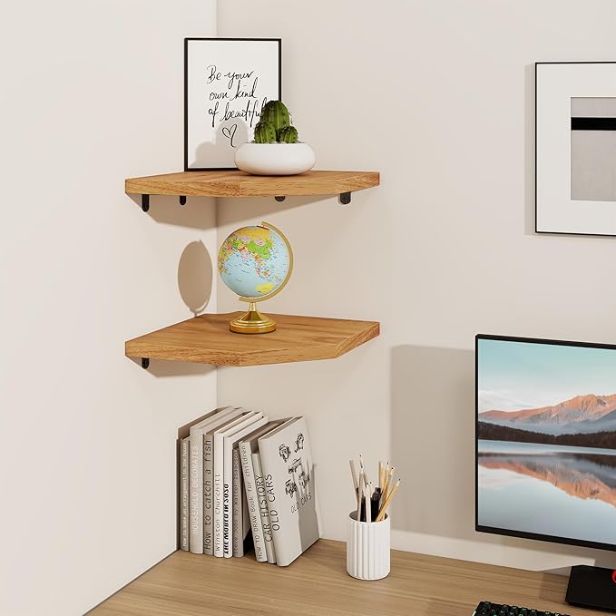 Fun Memories Corner Shelf Wall Mount, Solid Oak Wood Floating Corner Shelves with Cable Hole, 10in Rustic Design for Bedroom, Bathroom, Kitchen, Living Room (Natural, 1 Pack)-NeatNest