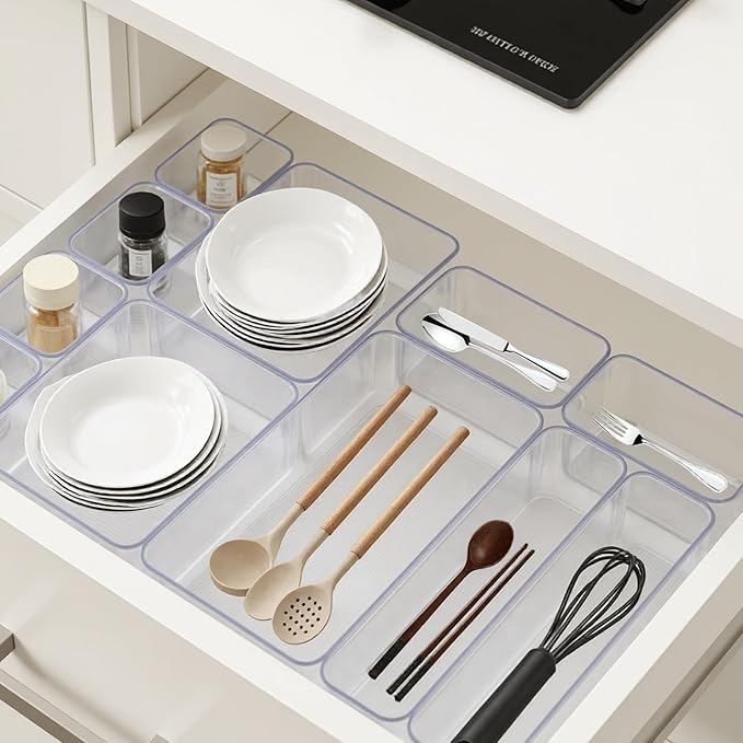 Clear Plastic Drawer Organizers Set - 16pack 5 Size Versatile Organizer Trays & storage Bins,Desk Drawer Organizer Trays,Organizers and Storage Bins for Makeup,Jewelry,Kitchen Utensils,Bathroom,Office