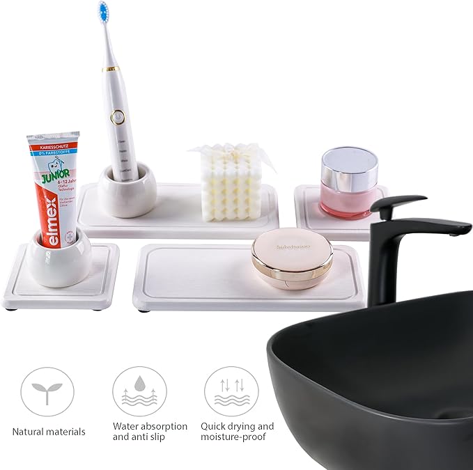 2 Pcs Water Absorbing Stone Trays, Kitchen/Bathroom Sink Soap Dish, Diatomite Tray Used for Hand Soap & Cosmetic Bottles in The Modern Home, 4" W x 8.3" L, White-NeatNest