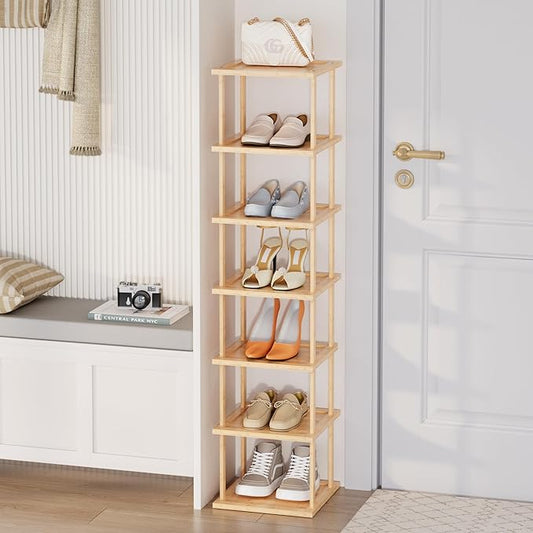 Vertical Tall Shoe Rack For Entryway - Tall 7 Tier Free Standing Slim Narrow Bamboo Wood Shoe Boots Storage Shelf Small Spaces For Garage Closet Doorway Garage Living Room Storage for Kitchen Bathroom-NeatNest