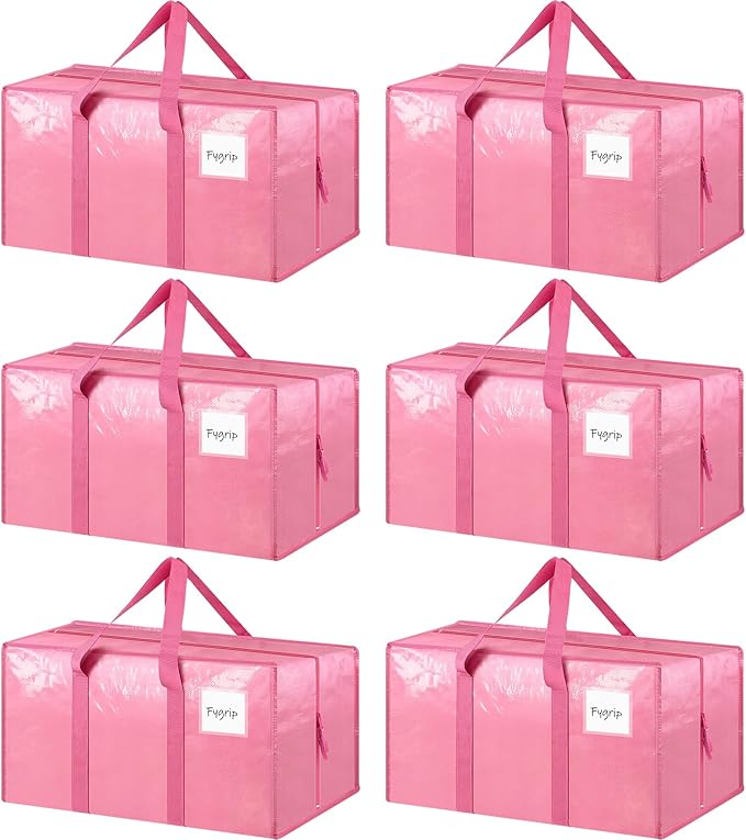 6 Pack Extra Heavy Duty Large Moving Bags with Strong Zipper & Comfortable Handles, Sturdy & Durable Clothes Storage Bags Totes Bins, Packing Moving Boxes for College Supplies, Pink-NeatNest