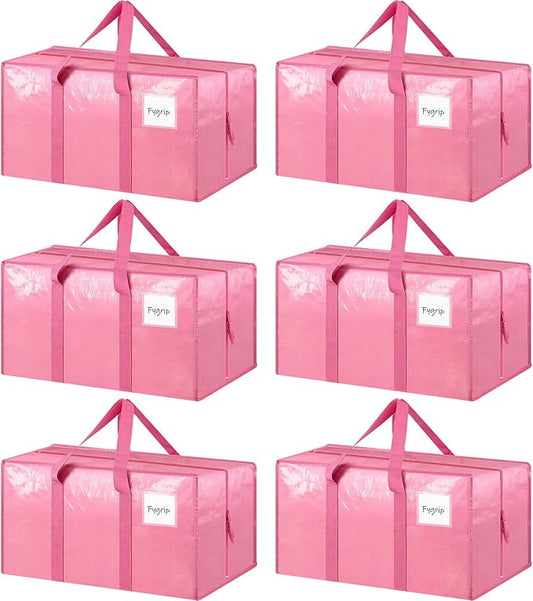 6 Pack Extra Heavy Duty Large Moving Bags with Strong Zipper & Comfortable Handles, Sturdy & Durable Clothes Storage Bags Totes Bins, Packing Moving Boxes for College Supplies, Pink-NeatNest