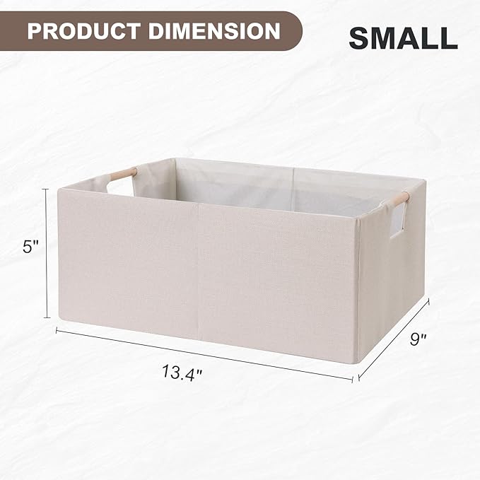 ANMINY 2PCS Storage Baskets for Organizing Collapsible Fabric Storage Bins Boxes with Wood Handles Closet Shelves Cube Organizer Bins Clothes Laundry Storage Container - Small, Beige-NeatNest